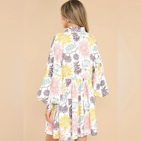 Aura Ivory Floral Print Swing Linen Dress Large - Picture 4 of 10